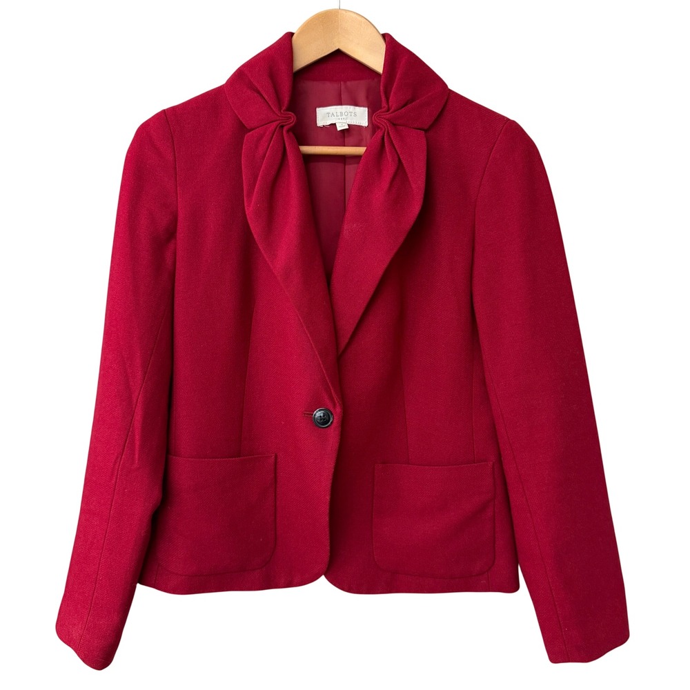 Talbots Women Red Wool Blend Blazer Size 4 Holiday Festive Single Button Jacket